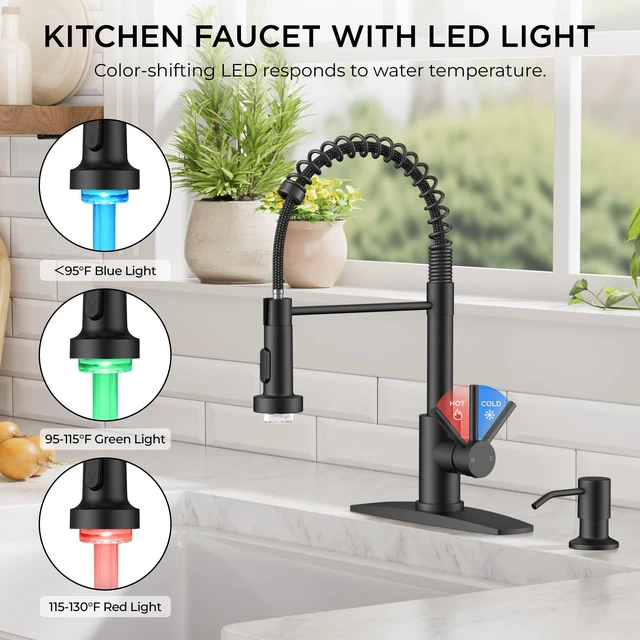 Alt view image 2 of 7 - LED Kitchen Sink Faucet, with 3 Modes Sprayer, Matte Black Stainless Steel Single Handle, with LED Light Sprayer, Commercial Spring Pot Filler Faucet for Kitchen Sink, Laundry Rv Bar
