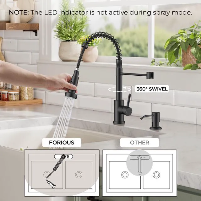 Alt view image 4 of 7 - LED Kitchen Sink Faucet, with 3 Modes Sprayer, Matte Black Stainless Steel Single Handle, with LED Light Sprayer, Commercial Spring Pot Filler Faucet for Kitchen Sink, Laundry Rv Bar