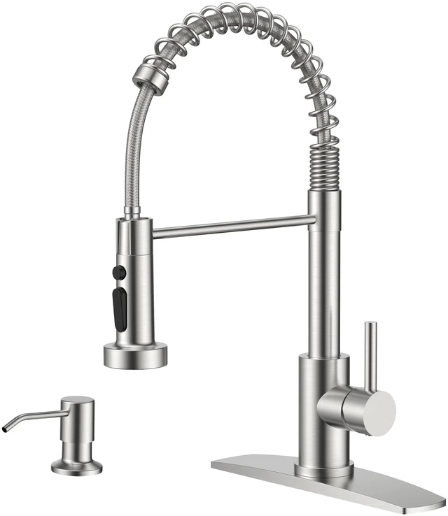 Main image of Kitchen Faucet with Soap Dispenser, Single Handle, Brushed Nickel 3 Modes Sprayer, Stainless Steel Pot Filler Faucet for Kitchen Sink, Outoor Laundry Rv Bar, with Deck Plate for 1 or 3 hole