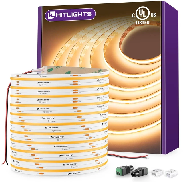 Main image of COB LED Strip Lights Warm White 2700K, 32.8ft 24V Tape, UL Listed 5120 LEDs, 350+ lm/ft, CRI 90+, IP30, High Density, Cuttable, Rope Lighting for Kitchen Cabinets, Power Source Not Included