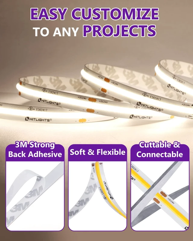 Alt view image 6 of 7 - COB LED Strip Lights Neutral White 4000K, 32.8ft 24V, UL Listed 5120 LEDs, 350+ lm/ft, CRI 90+, IP30, High Density, Cuttable, Tape Lighting for Kitchen Cabinets, Power Source Not Included