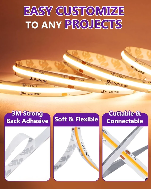 Alt view image 6 of 7 - COB LED Strip Lights Warm White 2700K, 32.8ft 24V Tape, UL Listed 5120 LEDs, 350+ lm/ft, CRI 90+, IP30, High Density, Cuttable, Rope Lighting for Kitchen Cabinets, Power Source Not Included
