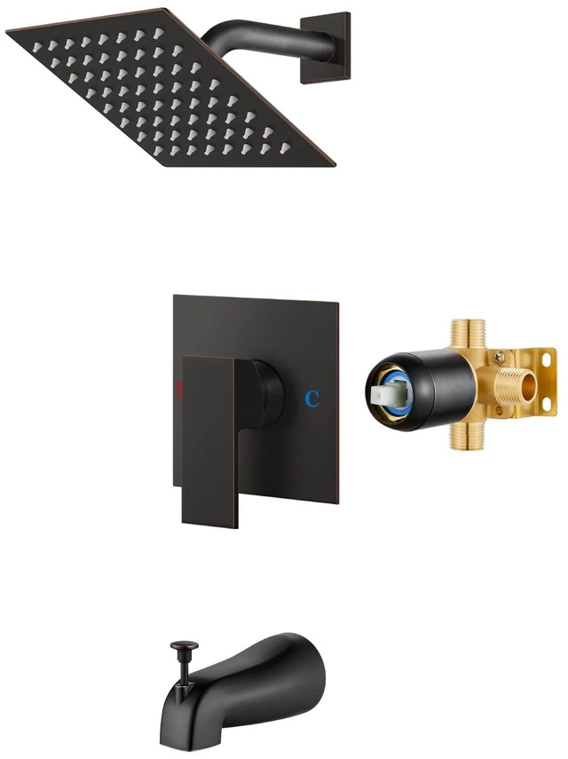 Main image of 6 Inch Shower Faucet Set,Bathtub Faucet Kit,Oil Rubbed Bronze Shower Tub Faucet Set,Male Threads Rough-In Valve,Square Head Shower System