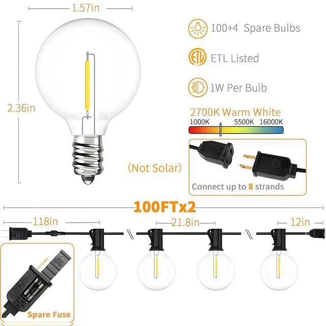 Alt view image 2 of 7 - 200 FT Outdoor String Lights for Outside Patio 104 Bulbs Waterproof Commercial Grade Hanging Globe Lighting, Shatterproof G40 LED Bulbs, For Bistro Cafe Market Backyard ETL 2700K (2*100)