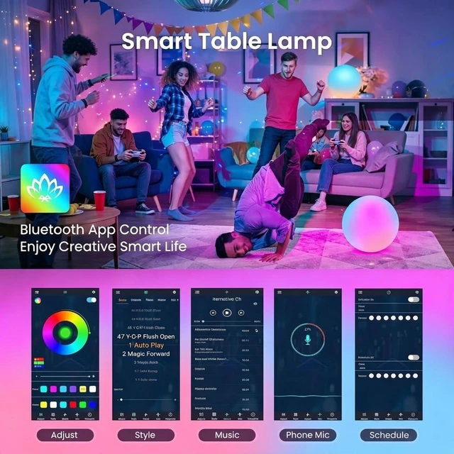 Alt view image 4 of 7 - 8-inch Smart LED Ball Lamp with APP & Music Sync, Corded Electric 16 Million Colors, 220 Scene Modes, Time Setting, RGB Mood Lighting for Living Room, Bedroom, Home Decor, Corded Electric