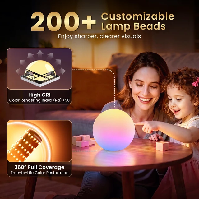 Alt view image 3 of 7 - 8-inch Smart LED Ball Lamp with APP & Music Sync, Corded Electric 16 Million Colors, 220 Scene Modes, Time Setting, RGB Mood Lighting for Living Room, Bedroom, Home Decor, Corded Electric
