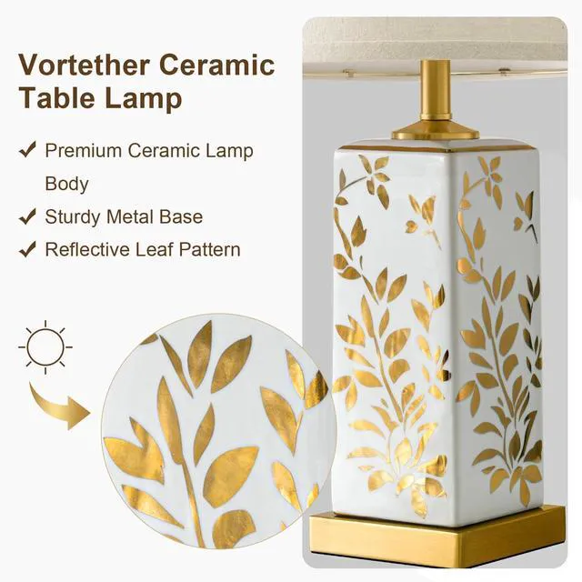 Alt view image 2 of 7 - 24" Chinoiserie Lamps Set of 2, Ceramic Table Lamps for Bedside Mid Century Modern Bedroom Lamps, Vintage Reflective Gold Leaf Pattern Home Decor for Living Room Nightstand, White & Gold