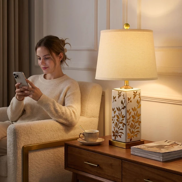 Alt view image 3 of 7 - 24" Chinoiserie Lamps Set of 2, Ceramic Table Lamps for Bedside Mid Century Modern Bedroom Lamps, Vintage Reflective Gold Leaf Pattern Home Decor for Living Room Nightstand, White & Gold