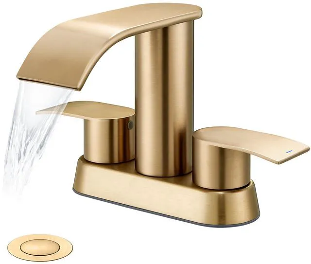 Main image of Waterfall Bathroom Faucet for Sink Champagne Bronze 4 Inch Bathroom Faucet for 3 Hole or 2 Hole, 2 Handle Waterfall Faucets with Pop up Drain, Centerset Faucets for RV Counter