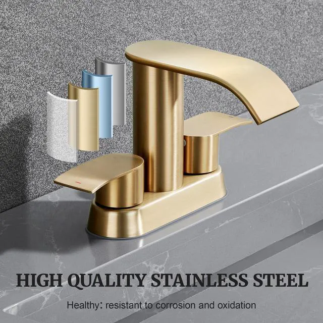 Alt view image 5 of 7 - Waterfall Bathroom Faucet for Sink Champagne Bronze 4 Inch Bathroom Faucet for 3 Hole or 2 Hole, 2 Handle Waterfall Faucets with Pop up Drain, Centerset Faucets for RV Counter