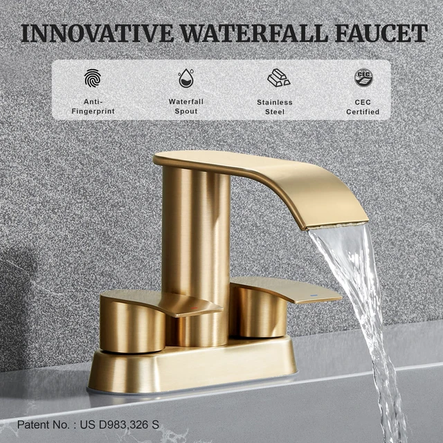 Alt view image 2 of 7 - Waterfall Bathroom Faucet for Sink Champagne Bronze 4 Inch Bathroom Faucet for 3 Hole or 2 Hole, 2 Handle Waterfall Faucets with Pop up Drain, Centerset Faucets for RV Counter