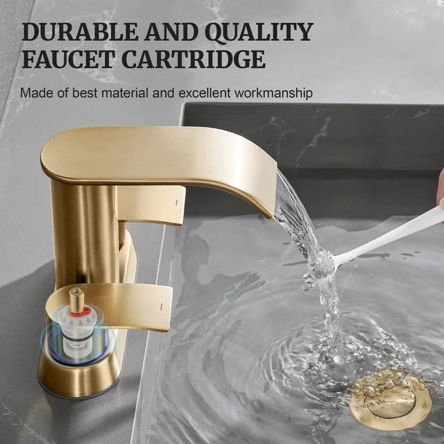 Alt view image 4 of 7 - Waterfall Bathroom Faucet for Sink Champagne Bronze 4 Inch Bathroom Faucet for 3 Hole or 2 Hole, 2 Handle Waterfall Faucets with Pop up Drain, Centerset Faucets for RV Counter