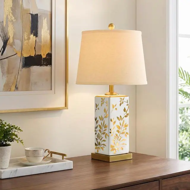 Alt view image 4 of 7 - 24" Chinoiserie Lamps Set of 2, Ceramic Table Lamps for Bedside Mid Century Modern Bedroom Lamps, Vintage Reflective Gold Leaf Pattern Home Decor for Living Room Nightstand, White & Gold