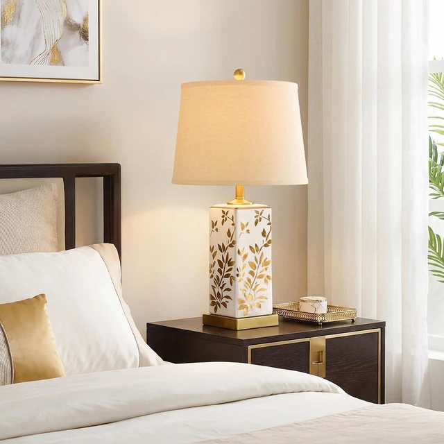 Alt view image 5 of 7 - 24" Chinoiserie Lamps Set of 2, Ceramic Table Lamps for Bedside Mid Century Modern Bedroom Lamps, Vintage Reflective Gold Leaf Pattern Home Decor for Living Room Nightstand, White & Gold