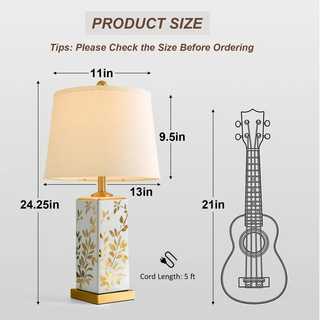 Alt view image 6 of 7 - 24" Chinoiserie Lamps Set of 2, Ceramic Table Lamps for Bedside Mid Century Modern Bedroom Lamps, Vintage Reflective Gold Leaf Pattern Home Decor for Living Room Nightstand, White & Gold