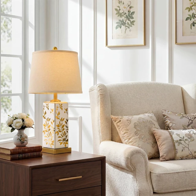 Alt view image 7 of 7 - 24" Chinoiserie Lamps Set of 2, Ceramic Table Lamps for Bedside Mid Century Modern Bedroom Lamps, Vintage Reflective Gold Leaf Pattern Home Decor for Living Room Nightstand, White & Gold