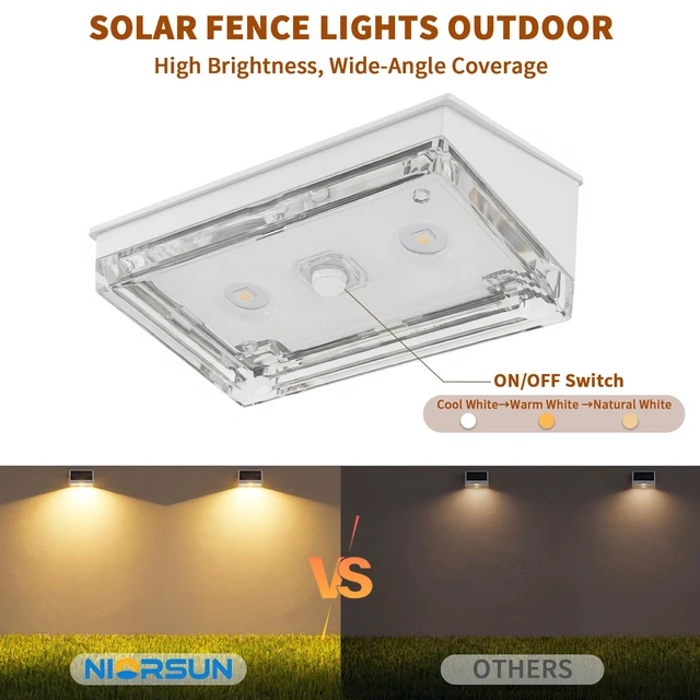 Alt view image 4 of 7 - Solar Fence Lights 8 Pack, Outdoor Solar Lights with 3 Color Temperatures, IP65 Waterproof Wide-Angle LED Lighting for Fence, Patio, Yard, Deck, Wall, Garden (White)