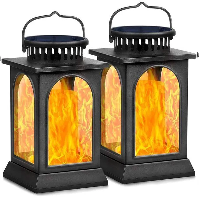 Main image of Flickering Flame Solar Lights Outdoor Metal Hanging Lantern, 2 Pack Realistic Flame Effect, Charges in 6-8 Hours, 10-12-Hour Runtime, IP65 Waterproof, Auto On/Off for Patio, Garden and Porch