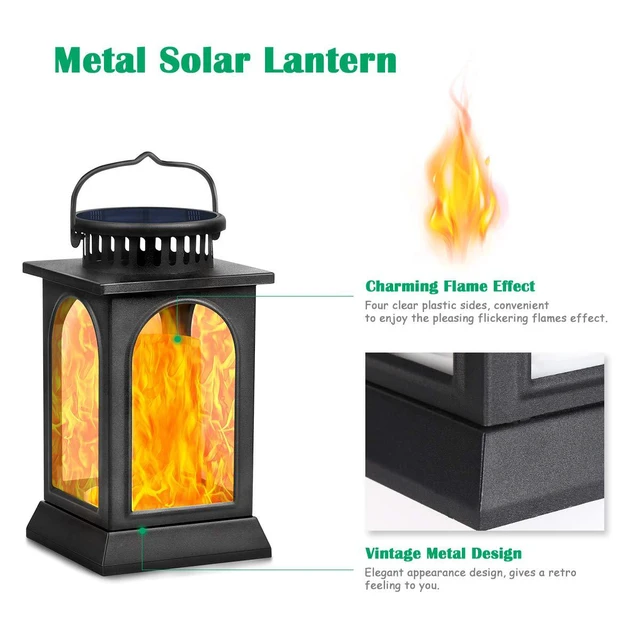 Alt view image 2 of 7 - Flickering Flame Solar Lights Outdoor Metal Hanging Lantern, 2 Pack Realistic Flame Effect, Charges in 6-8 Hours, 10-12-Hour Runtime, IP65 Waterproof, Auto On/Off for Patio, Garden and Porch