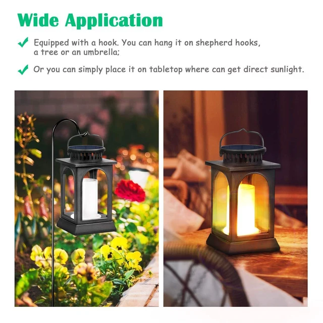 Alt view image 5 of 7 - Flickering Flame Solar Lights Outdoor Metal Hanging Lantern, 2 Pack Realistic Flame Effect, Charges in 6-8 Hours, 10-12-Hour Runtime, IP65 Waterproof, Auto On/Off for Patio, Garden and Porch