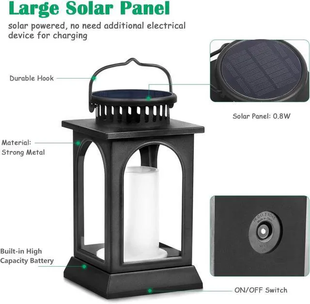 Alt view image 4 of 7 - Flickering Flame Solar Lights Outdoor Metal Hanging Lantern, 2 Pack Realistic Flame Effect, Charges in 6-8 Hours, 10-12-Hour Runtime, IP65 Waterproof, Auto On/Off for Patio, Garden and Porch
