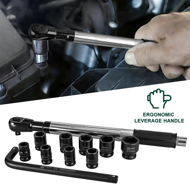 Alt view image 2 of 6 - 430mm offset Extension Ratchet Wrench Socket Set, Impact Ready Reach tight spaces easily. Use manually for precision or attach an impact wrench for extra speed. Heavy-duty case included