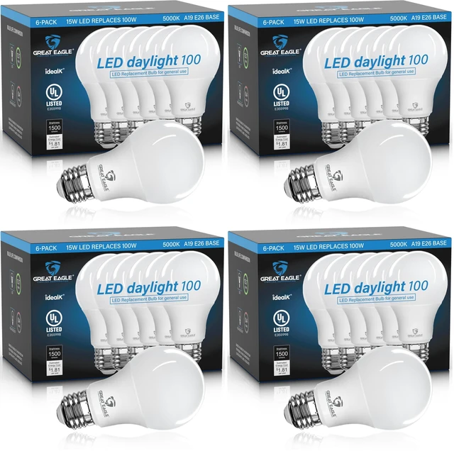 Main image of A19 LED Light Bulbs 100 Watt Equivalent - UL Listed - Daylight 5000K LED Light Bulbs, 15W Non-Dimmable, 1500 Lumens (24 Pack)