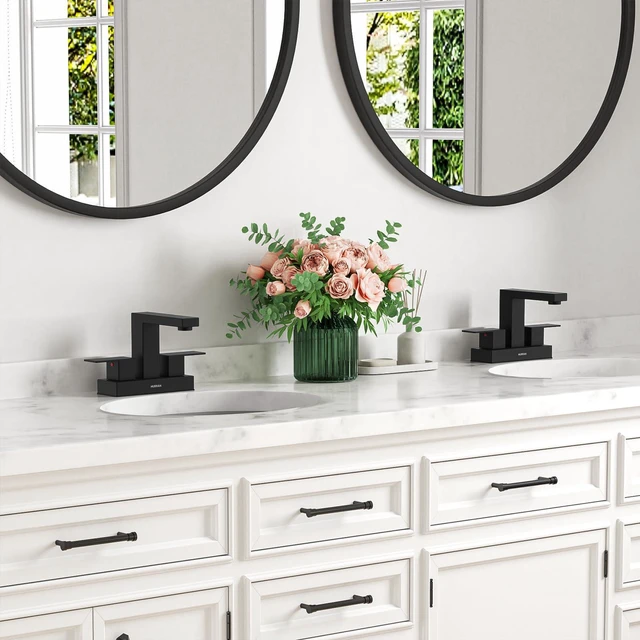 Alt view image 7 of 7 - Matte Black Bathroom Sink Faucet, 4 inch Faucet Stainless Steel Bathroom Faucets 3 Hole with Pop-up Drain and Supply Lines, 2-Handle Faucet for Vanity RV Restroom, 2 Pack