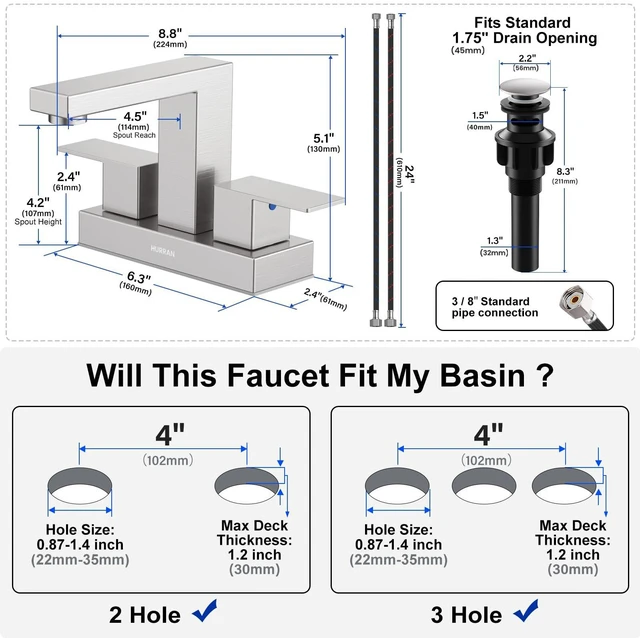 Alt view image 5 of 7 - Bathroom Sink Faucet, 4 inch Brushed Nickel Bathroom Faucet Stainless Steel Bathroom Faucets for Sink 3 Hole with Pop-up Drain and Supply Lines, 2-Handle Centerset Faucet for Vanity RV Restroom