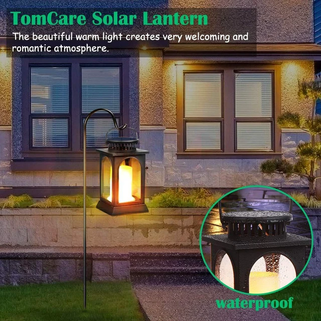 Alt view image 6 of 7 - Flickering Flame Solar Lights Outdoor Metal Hanging Lantern, 2 Pack Realistic Flame Effect, Charges in 6-8 Hours, 10-12-Hour Runtime, IP65 Waterproof, Auto On/Off for Patio, Garden and Porch