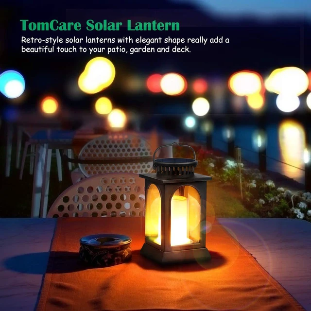 Alt view image 7 of 7 - Flickering Flame Solar Lights Outdoor Metal Hanging Lantern, 2 Pack Realistic Flame Effect, Charges in 6-8 Hours, 10-12-Hour Runtime, IP65 Waterproof, Auto On/Off for Patio, Garden and Porch