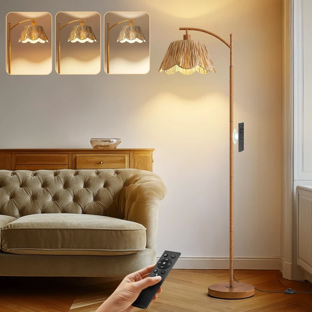 Main image of Boho Floor Lamp for Living Room with Remote & Dimmable Bulb, Farmhouse Floor Lamps with 3 Color Temperatures, Rattan Floor Lamp for Bedroom, Walnut