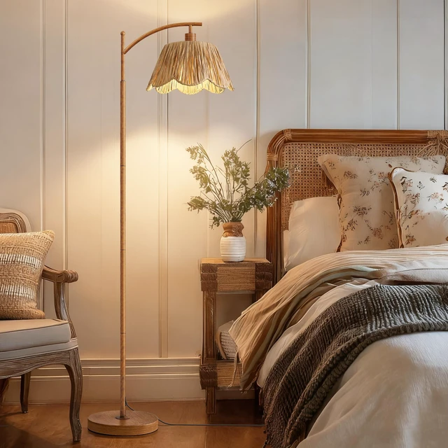 Alt view image 4 of 7 - Rattan Floor Lamp for Bedroom, Boho Floor Lamp with Foot Switch, Farmhouse Standing Lamps for Living Room with Hand-Woven Shade, Walnut Metal Base & Pole