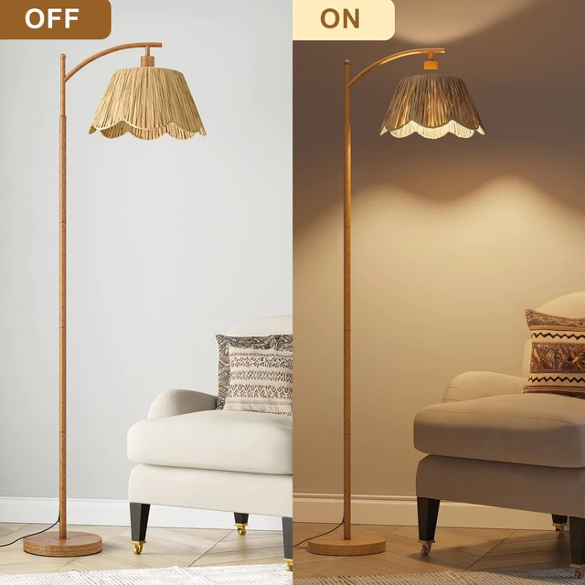 Alt view image 5 of 7 - Rattan Floor Lamp for Bedroom, Boho Floor Lamp with Foot Switch, Farmhouse Standing Lamps for Living Room with Hand-Woven Shade, Walnut Metal Base & Pole