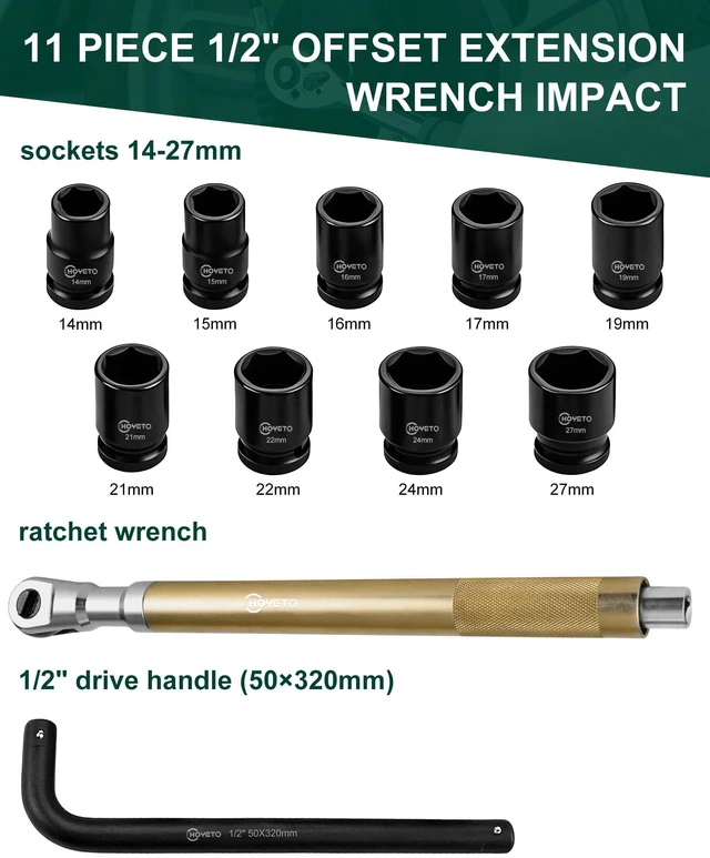 Alt view image 2 of 7 - Gold 430mm offset Extension Ratchet Wrench Set, Impact Ready Premium gold finish. Long reach manual ratchet for tight spaces. Compatible with electric impact guns for extra speed