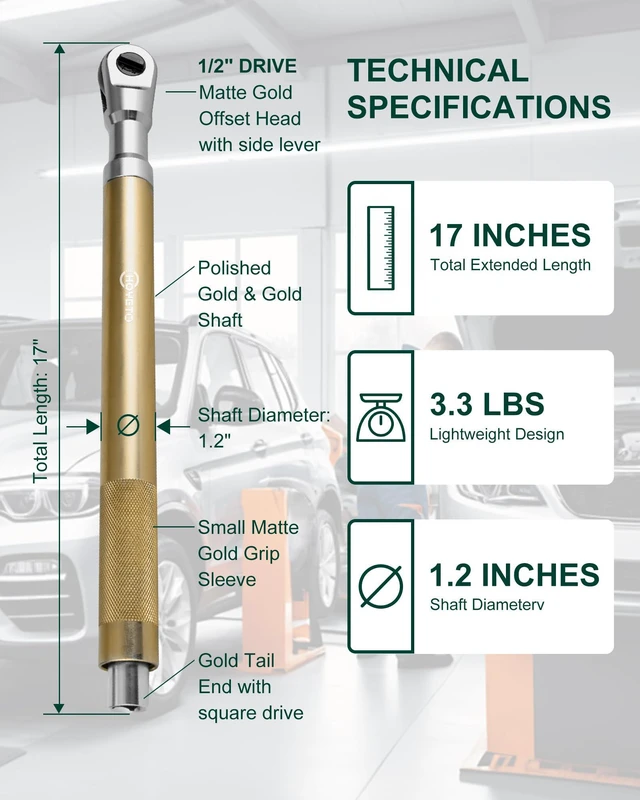 Alt view image 3 of 7 - Gold 430mm offset Extension Ratchet Wrench Set, Impact Ready Premium gold finish. Long reach manual ratchet for tight spaces. Compatible with electric impact guns for extra speed