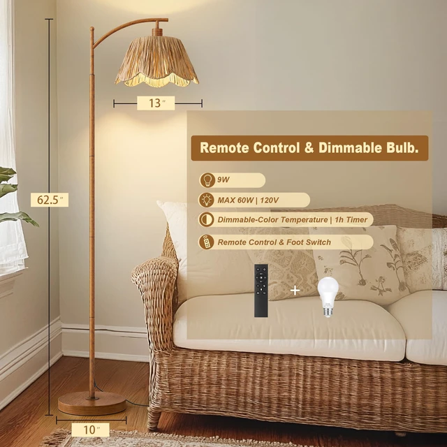 Alt view image 4 of 7 - Boho Floor Lamp for Living Room with Remote & Dimmable Bulb, Farmhouse Floor Lamps with 3 Color Temperatures, Rattan Floor Lamp for Bedroom, Walnut