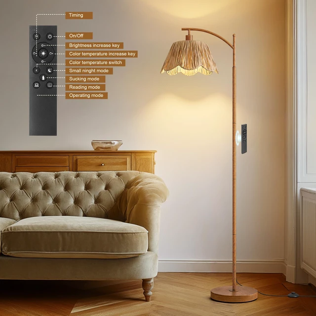Alt view image 6 of 7 - Boho Floor Lamp for Living Room with Remote & Dimmable Bulb, Farmhouse Floor Lamps with 3 Color Temperatures, Rattan Floor Lamp for Bedroom, Walnut