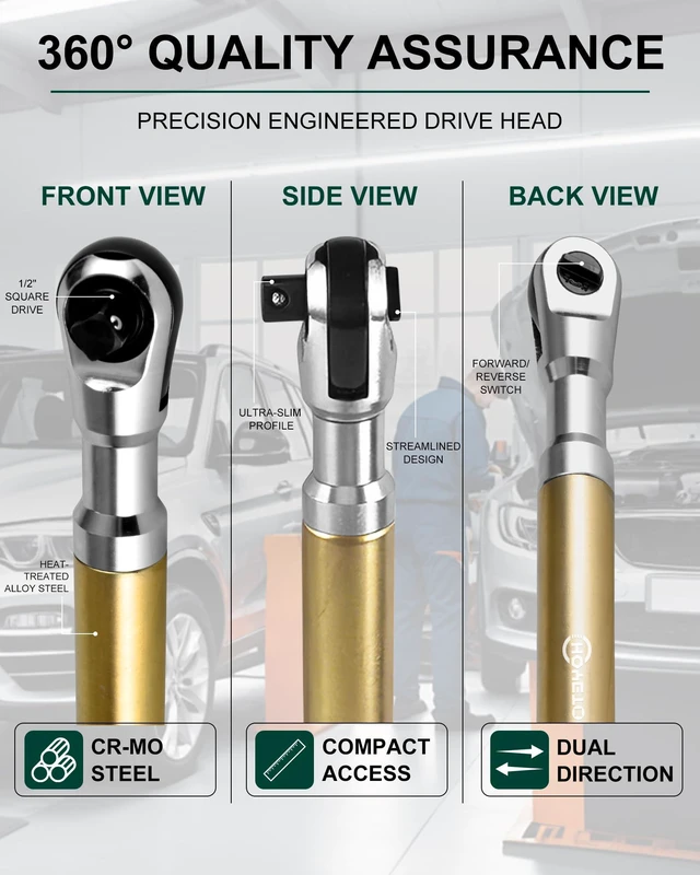 Alt view image 4 of 7 - Gold 430mm offset Extension Ratchet Wrench Set, Impact Ready Premium gold finish. Long reach manual ratchet for tight spaces. Compatible with electric impact guns for extra speed