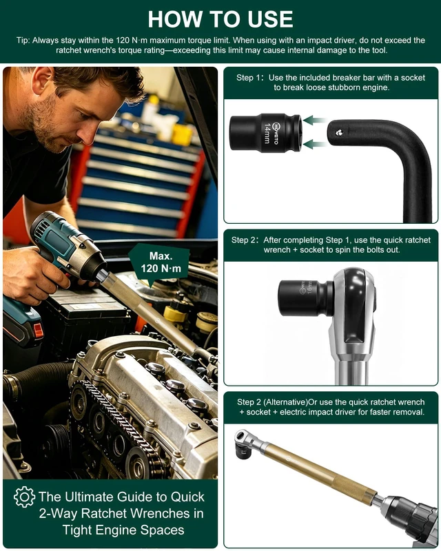 Alt view image 5 of 7 - Gold 430mm offset Extension Ratchet Wrench Set, Impact Ready Premium gold finish. Long reach manual ratchet for tight spaces. Compatible with electric impact guns for extra speed