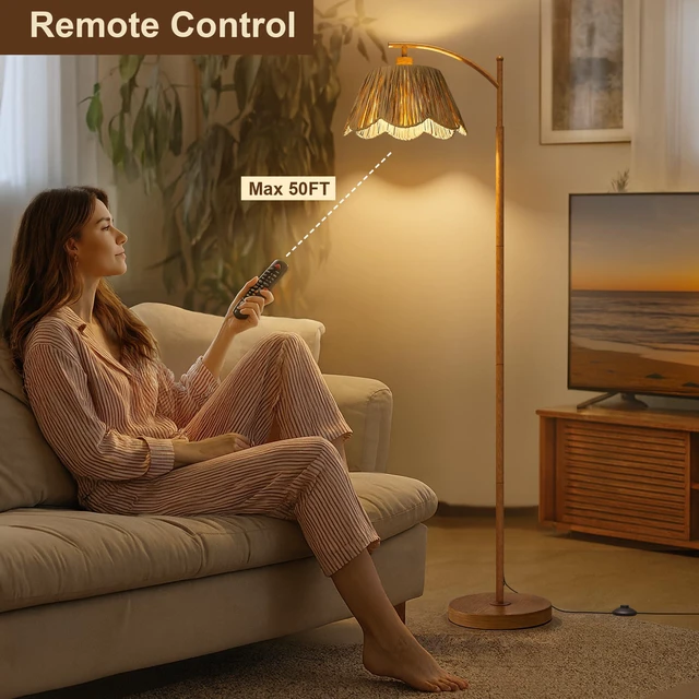 Alt view image 7 of 7 - Boho Floor Lamp for Living Room with Remote & Dimmable Bulb, Farmhouse Floor Lamps with 3 Color Temperatures, Rattan Floor Lamp for Bedroom, Walnut