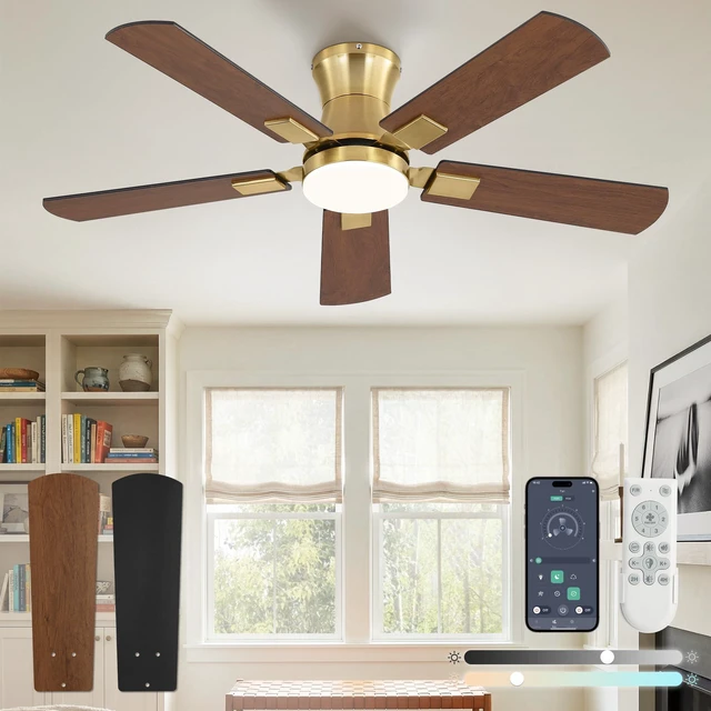 Main image of 42 inch Ceiling Fan with Light, Low Profile, App & Remote Control Flush Mount, Stepless Dimming LED Light, Quiet Reversible DC Motor, Memory Function, Living Room, Bedroom, Patio, Gold