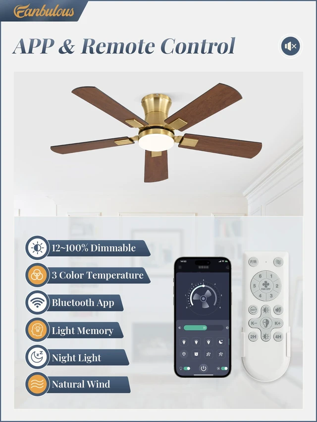 Alt view image 2 of 7 - 42 inch Ceiling Fan with Light, Low Profile, App & Remote Control Flush Mount, Stepless Dimming LED Light, Quiet Reversible DC Motor, Memory Function, Living Room, Bedroom, Patio, Gold