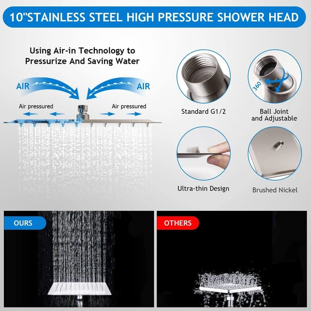 Alt view image 4 of 7 - Shower Head Combo,10" Brushed Nickel High Pressure with 11" Extension Arm Rain Shower Head with 5 Settings Handheld Shower Head Combo,Powerful Shower Spray Against Low Pressure Water