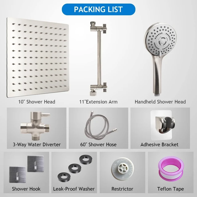 Alt view image 7 of 7 - Shower Head Combo,10" Brushed Nickel High Pressure with 11" Extension Arm Rain Shower Head with 5 Settings Handheld Shower Head Combo,Powerful Shower Spray Against Low Pressure Water