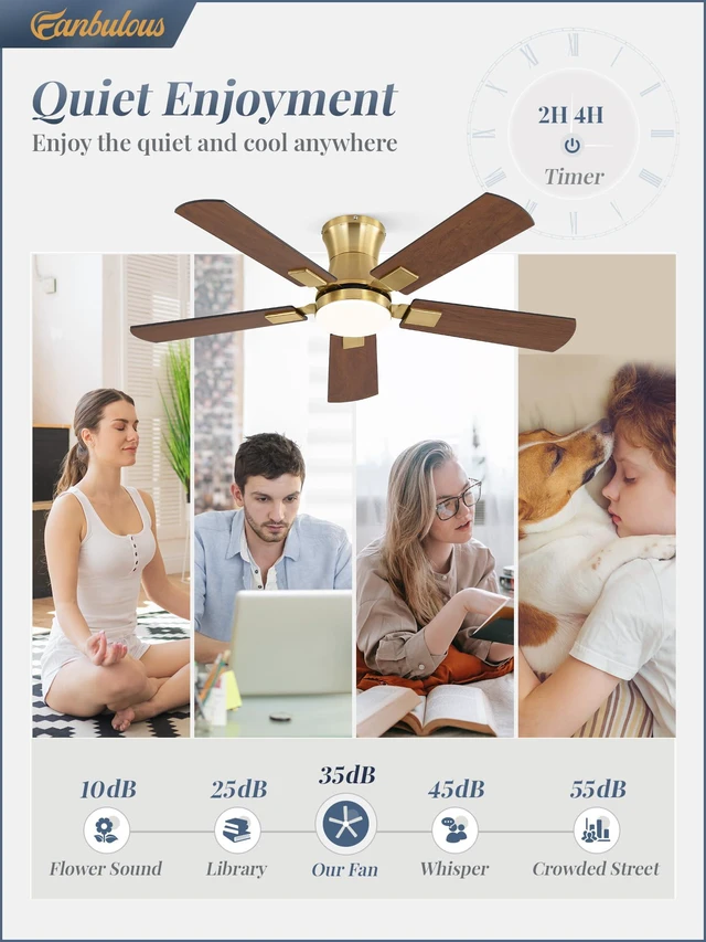 Alt view image 4 of 7 - 42 inch Ceiling Fan with Light, Low Profile, App & Remote Control Flush Mount, Stepless Dimming LED Light, Quiet Reversible DC Motor, Memory Function, Living Room, Bedroom, Patio, Gold