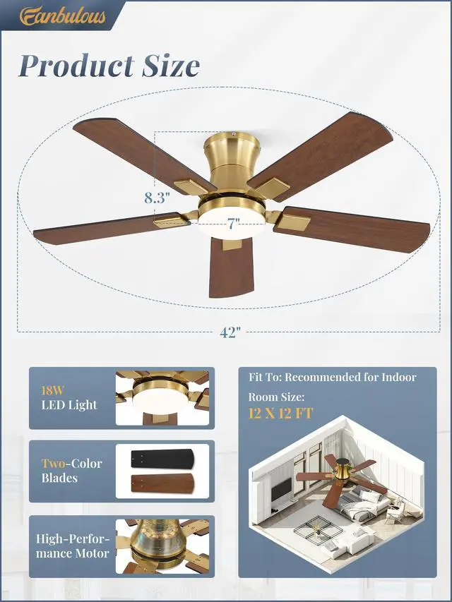 Alt view image 5 of 7 - 42 inch Ceiling Fan with Light, Low Profile, App & Remote Control Flush Mount, Stepless Dimming LED Light, Quiet Reversible DC Motor, Memory Function, Living Room, Bedroom, Patio, Gold