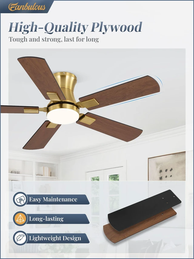 Alt view image 7 of 7 - 42 inch Ceiling Fan with Light, Low Profile, App & Remote Control Flush Mount, Stepless Dimming LED Light, Quiet Reversible DC Motor, Memory Function, Living Room, Bedroom, Patio, Gold