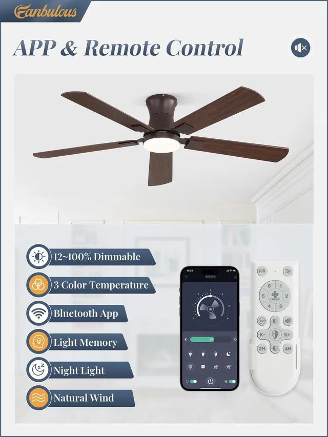 Alt view image 2 of 7 - 52 inch Ceiling Fan with Light, Low Profile, App & Remote Control Flush Mount, Stepless Dimming LED Light, Quiet Reversible DC Motor, Memory Function, Living Room, Bedroom, Patio, Oil Bronze
