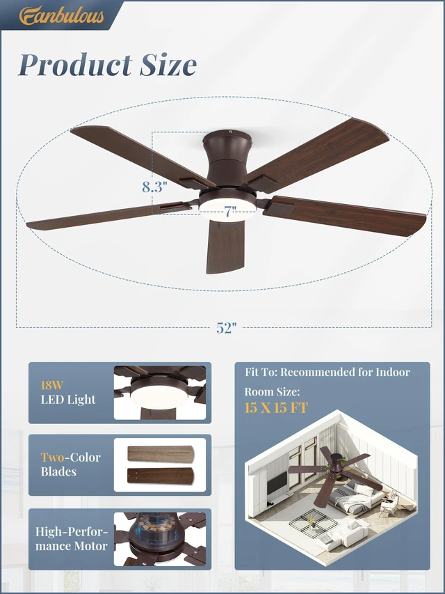 Alt view image 5 of 7 - 52 inch Ceiling Fan with Light, Low Profile, App & Remote Control Flush Mount, Stepless Dimming LED Light, Quiet Reversible DC Motor, Memory Function, Living Room, Bedroom, Patio, Oil Bronze